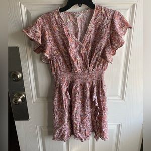 Japna Pink Orange Floral Smocked Ruffled Summer Dress